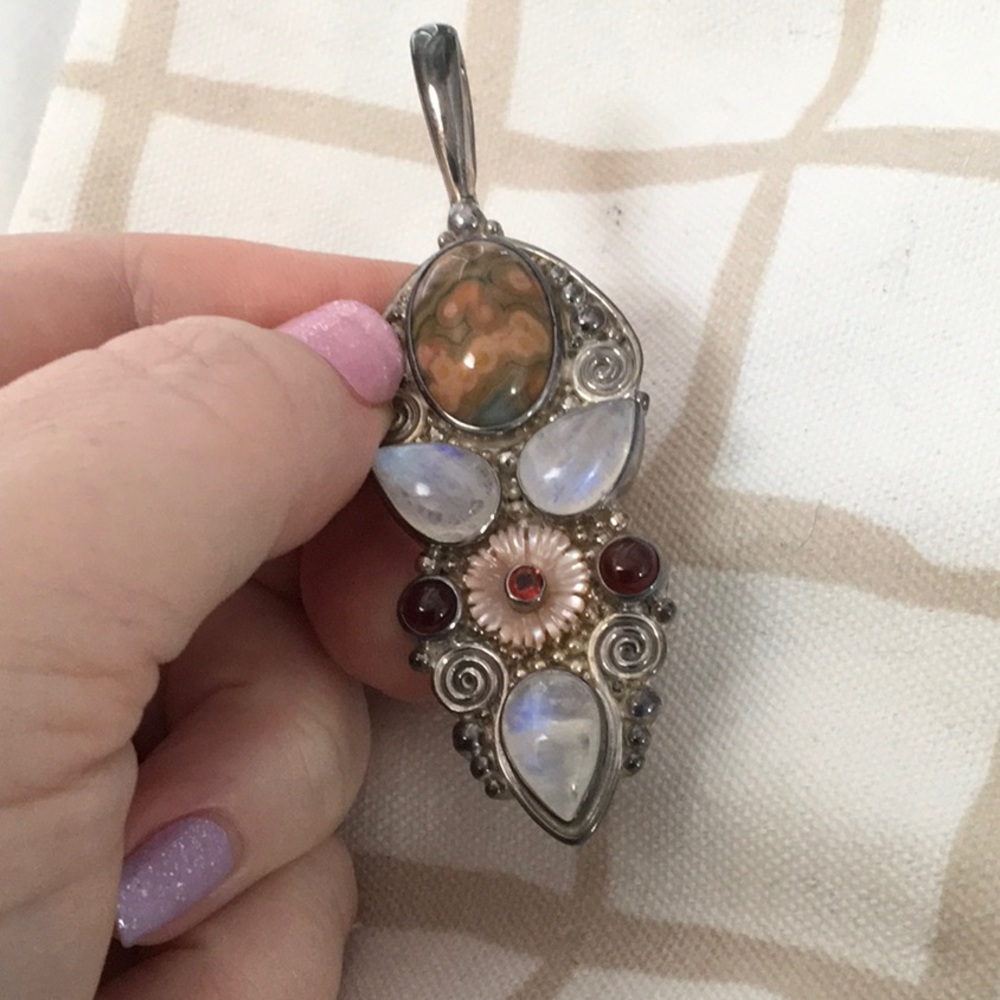 Large Sterling Pendant with Rainbow Moonstone, Jasper, Garnet, & Mother of Pearl